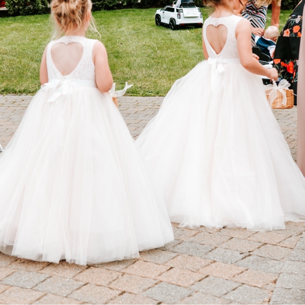 David's Bridal White W/ pink underlay Flower Girl Dress